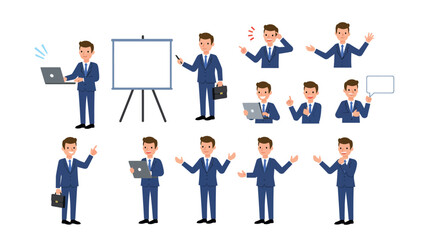Business presentation and communication actions with businessman in various poses vector illustration