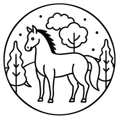Line art horse in a peaceful landscape