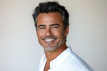 Pure white solid background. Conceptual art of style for aging men. Trendy men's ivy league haircut - midlife white man with black hair. A man with a soft expression in a peaceful setting.