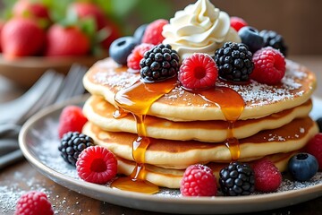Delicious buttermilk pancakes topped with fresh berries and whipped cream