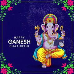 Happy ganesh chaturthi celebration with lord ganesha and fireworks