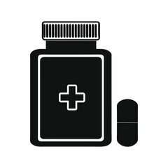 Obraz premium First aid kit icon with a white medical cross symbol on a red square button for health emergency care illustration minimalist medicine bottle silhouette icon