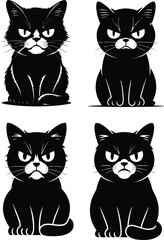 Obraz premium Four grumpy black cat illustrations in a sitting pose with angry expressions and isolated on white
