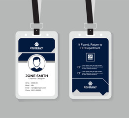 Modern Navy Blue and White ID Card Design Template with QR Code for Company Staff and Employee