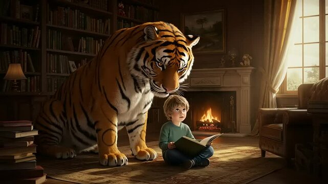 A young boy reading a book while a large tiger curiously watches him in a cozy library