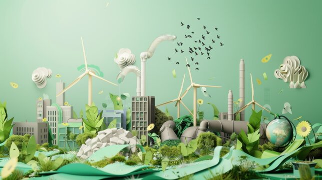 A conceptual view of Earth's renewable energy use in urban waste-to-energy plants, illustrated in a waste management vitality art style, Simplified paper art illustration of