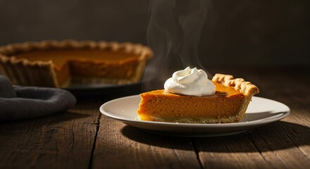 Thanksgiving background with close-up of pumpkin pie slice and whipped cream, warm light, wooden table, steam rising in cozy autumn setting for seasonal celebration themes - Powered by Adobe