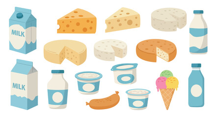 Dairy products collection featuring cheese, milk, yogurt, and ice cream for culinary design vector illustration