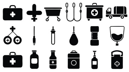 Black and white icon set representing medical equipment and first aid supplies