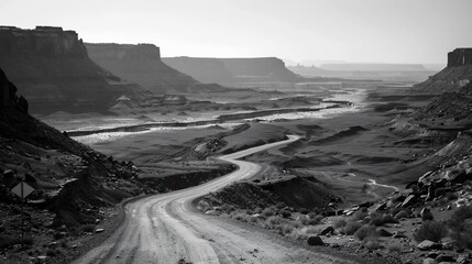 Winding road through a desolate canyon landscape