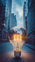Glowing light bulb rising between skyscrapers at twilight, symbolizing technological advancement within metropolitan landscape