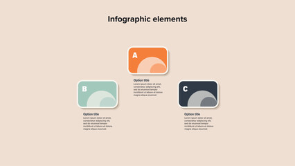 Business process chart infographics with 3 step squares. Rectangular workflow graphic elements. Company flowchart presentation slide. Vector info graphic in flat design
