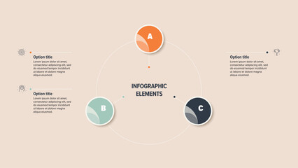 Business process chart infographics with 3 step circles. Round workflow graphic elements. Company flowchart presentation slide. Vector info graphic in flat design