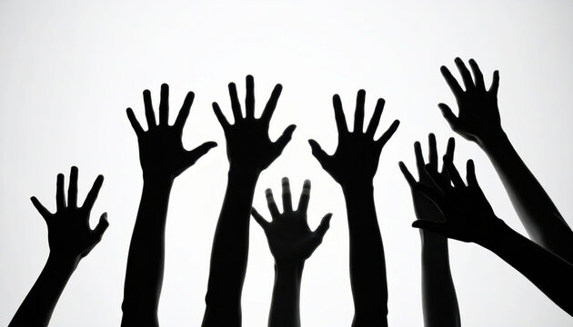 Silhouetted hands reaching upwards against white background create dramatic and eerie effect