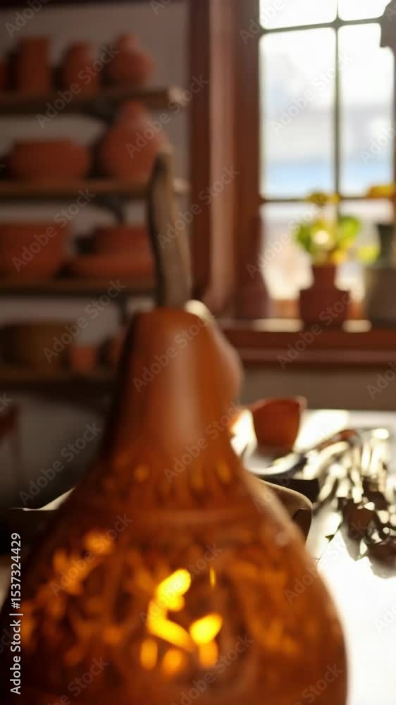 Aufkleber artisan crafted gourd lamp on a table with intricate carvings and a warm glowing light creating an a