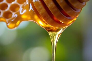 Golden honey dripping from honeycomb dipper sweet nectar