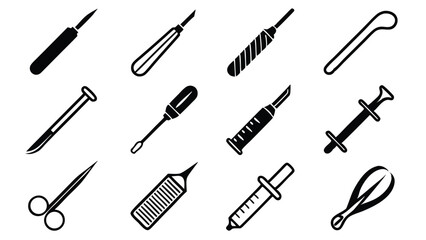 Naklejka premium Black and white medical and surgical tools illustrations isolated on white background