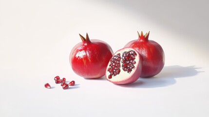 Red pomegranates split open, revealing glistening seeds scattered nearby on pristine white surface, illuminated by soft natural lighting