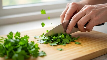 Fresh Cilantro being chopped on a wooden cutting board, close-up view of hands and knife