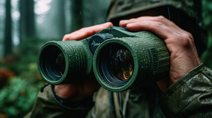 Fototapeta premium Man using green binoculars in the rain in forest.