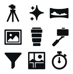 Scenic Photography Icons. Solid, filled icons set of scenic photography elements: camera tripod, lens flare,