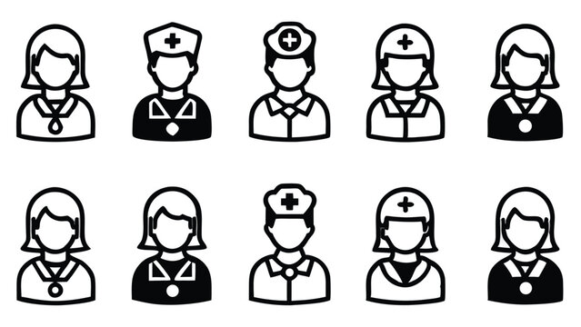 Black and white outline illustrations of medical professionals and healthcare workers in uniform