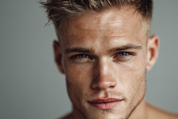 Fototapeta premium Handsome young man with styled hair and light freckles stares directly into the camera, captured in soft daylight with neutral background