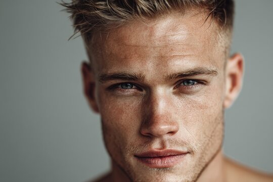 Handsome young man with styled hair and light freckles stares directly into the camera, captured in soft daylight with neutral background