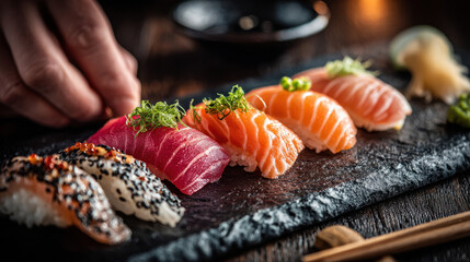 Elegant Sushi Plate: Close-up of Fresh Tuna and Salmon Nigiri