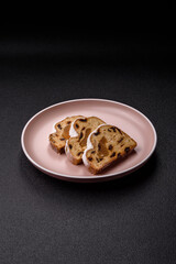 Christmas Stollen, a German sweet cake with marzipan and fruit. Winter Christmas Stollen