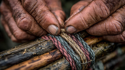 Hands Tying Natural Rope: Close-up of Craftsmanship