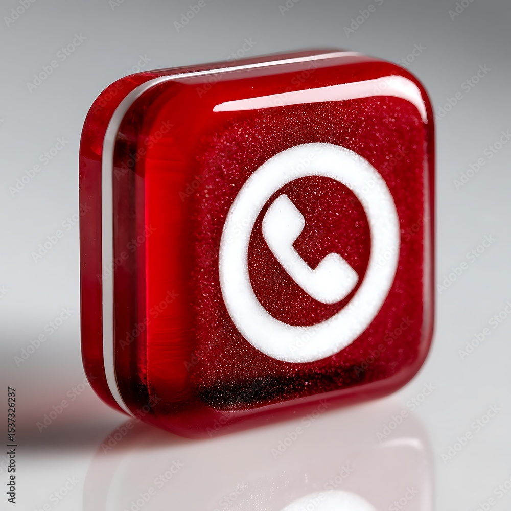 Poster shiny red communication icon block with white symbol for connectivity and modern technology concept.