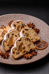 Christmas Stollen, a German sweet cake with marzipan and fruit. Winter Christmas Stollen