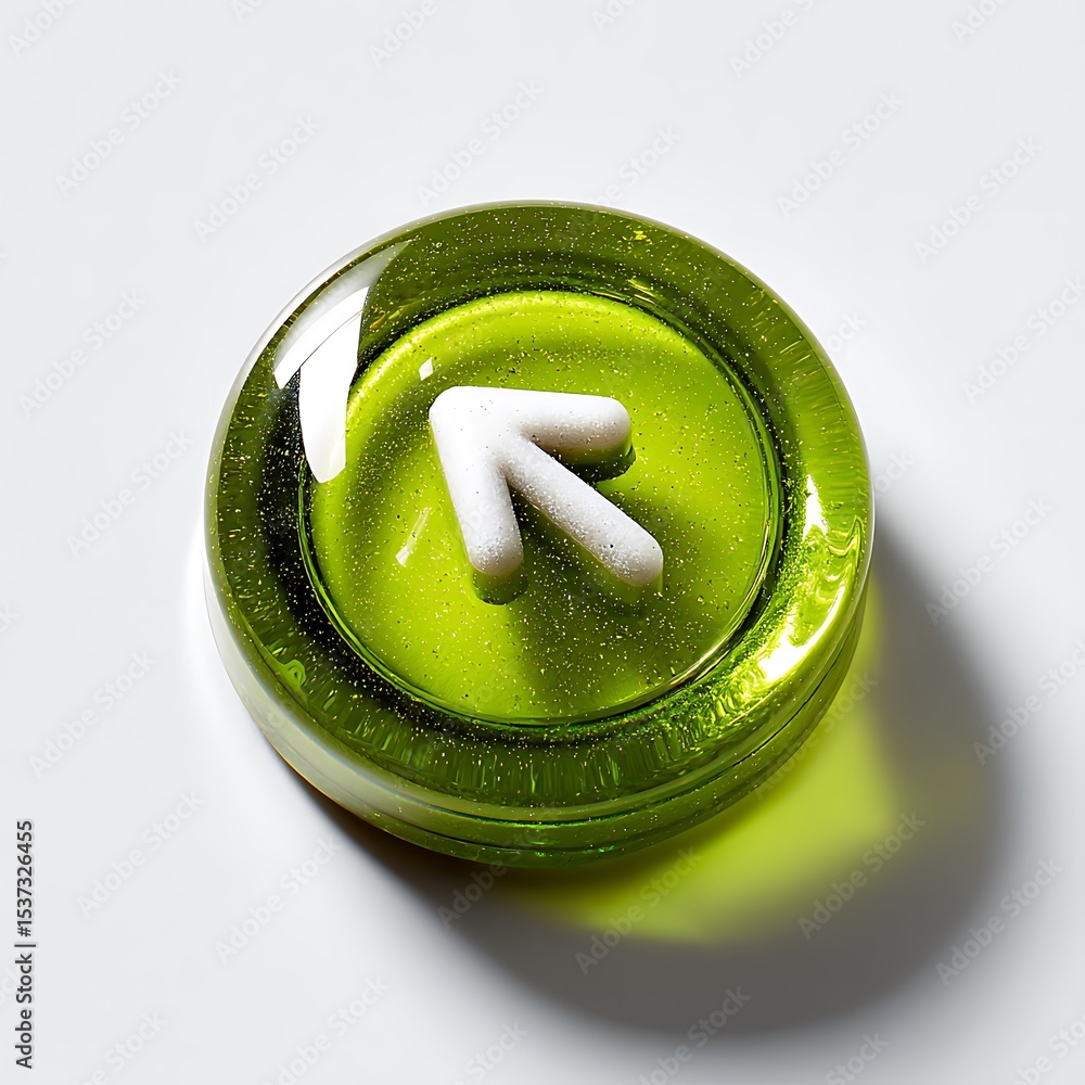 Poster shiny green button with white arrow pointing upper right - a navigation and directional concept