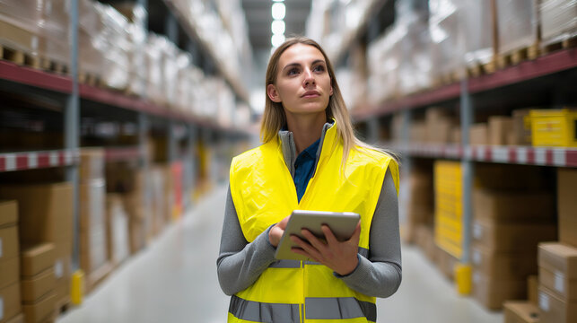 Warehouse manager with digital tablet inspecting inventory in storage aisle.
