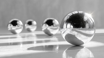 Reflective glass spheres arranged artistically on a smooth surface with soft shadows and lighting
