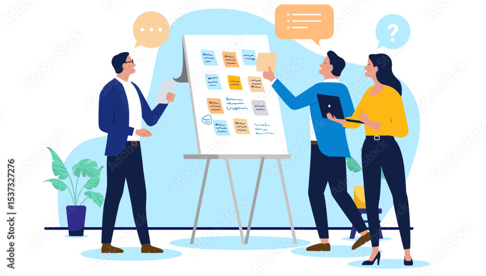 Poster Team of business professionals brainstorming and planning ideas on a whiteboard with sticky notes, surrounded by speech bubbles and a question mark. Flat design vector illustration
