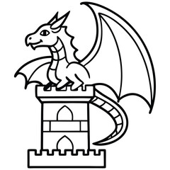 Cute cartoon dragon on castle tower illustration