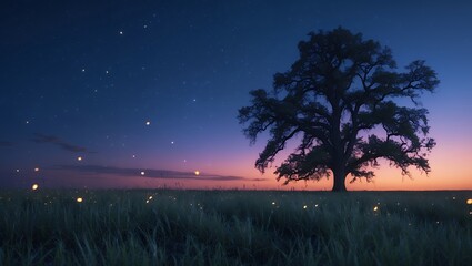 Lone Tree Silhouette Standing in Meadow at Dusk with Fireflies