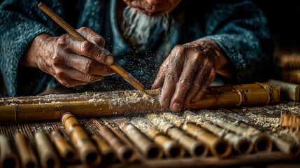Traditional Bamboo Flute Making: Craftsman Shaping Wood