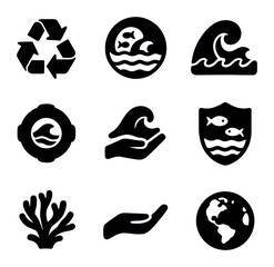 Marine Mammal Icons. Solid, filled icons set of marine mammals and ocean giants: dolphin icon, whale icon, sea