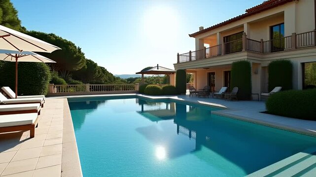 Luxurious Outdoor Villa Pool with Sunbeds and Mediterranean Design