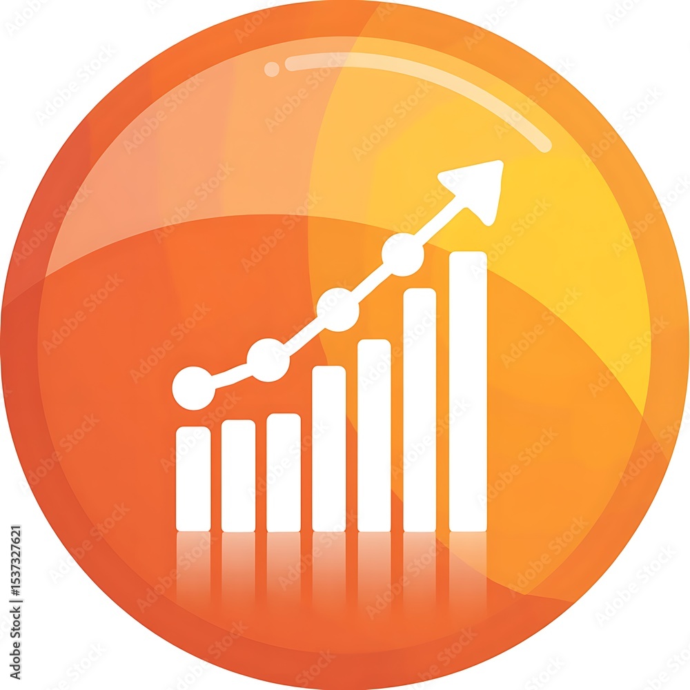 Poster orange sphere presenting white bar graph and line graph with upward trend, a visual representation.