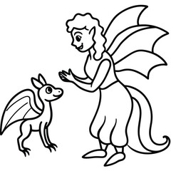 Fairy and baby dragon line art illustration