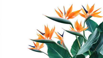 Bird of Paradise tropical flowers on white background, set