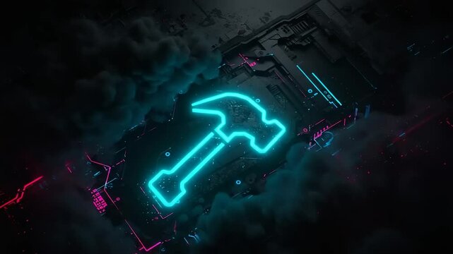 Neon hammer symbolizing technology and innovation amidst a futuristic digital background