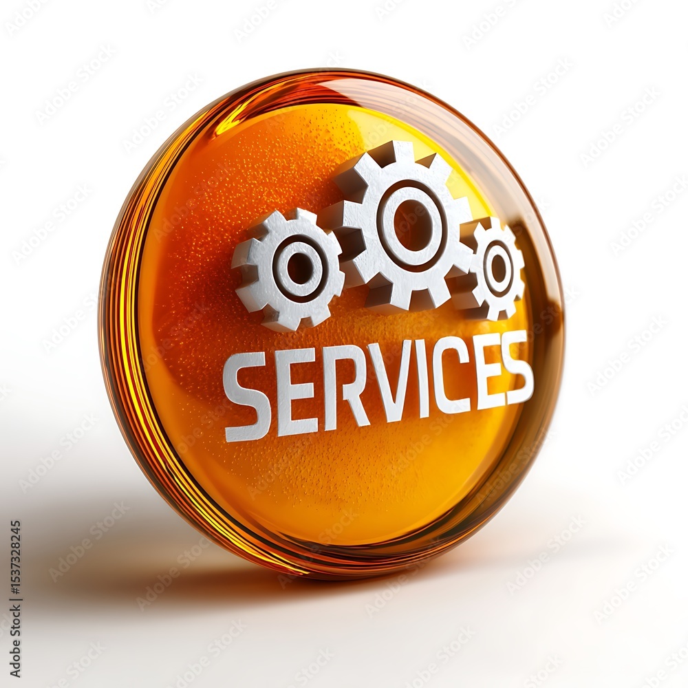 Poster modern services concept with gears inside a shiny sphere symbolizing solutions and technical assista