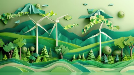 A conceptual view of Earth's sustainable forestry practices supported by green energy, illustrated in a forestry sustainability art style, Simplified paper art illustration of