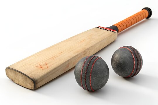 3D Realistic Cricket Bat and Balls on White Background – High-Quality Sports Equipment Render