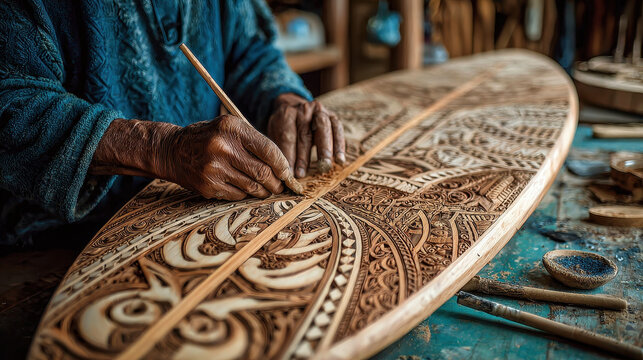 Craftsman Carving Intricate Designs on a Wooden Surfboard